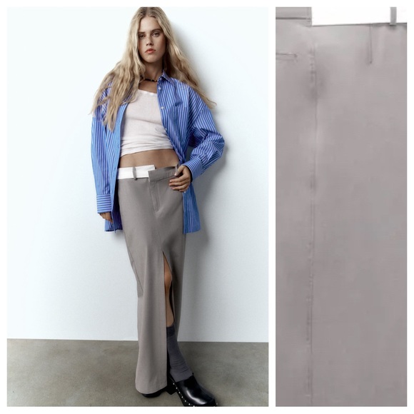 NWT. Zara Gray Viscose Blend Double Mid Rise Midi Skirt. Size S. - Picture 2 of 11